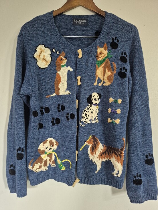 rainbow bridge Sweaters - Vintage Rainbow Bridge Eclectic Puppy Knit Sweater See Measurements